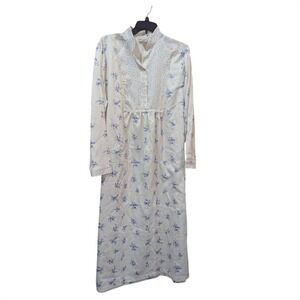 Delicates JCPenney Nightgown‎ Large Blue Floral Long Sleeve Lace Trim Maxi Cream